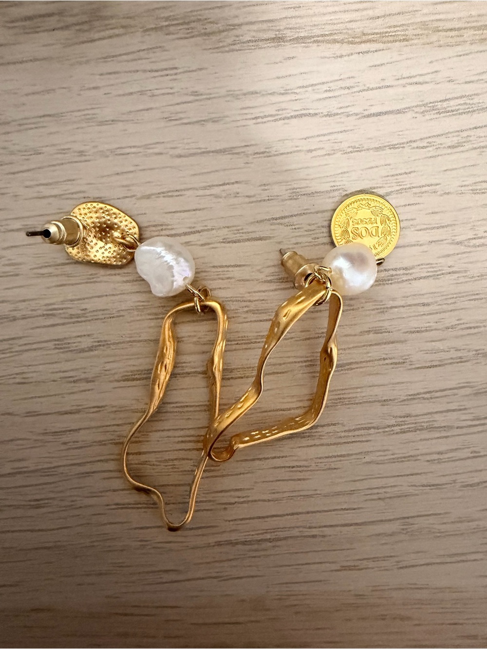 Gold-Tone Pearl Drop Earrings with Sculpted Links